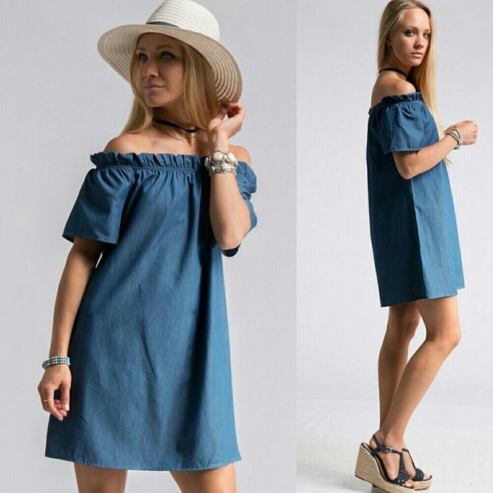 Off Shoulder Chambray Tent Dress - Picture 2 of 5